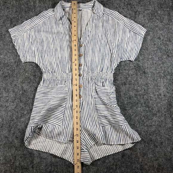 Zara Women's Romper Size Small White Blue Stripe Linen Blend Button Front - Picture 5 of 16